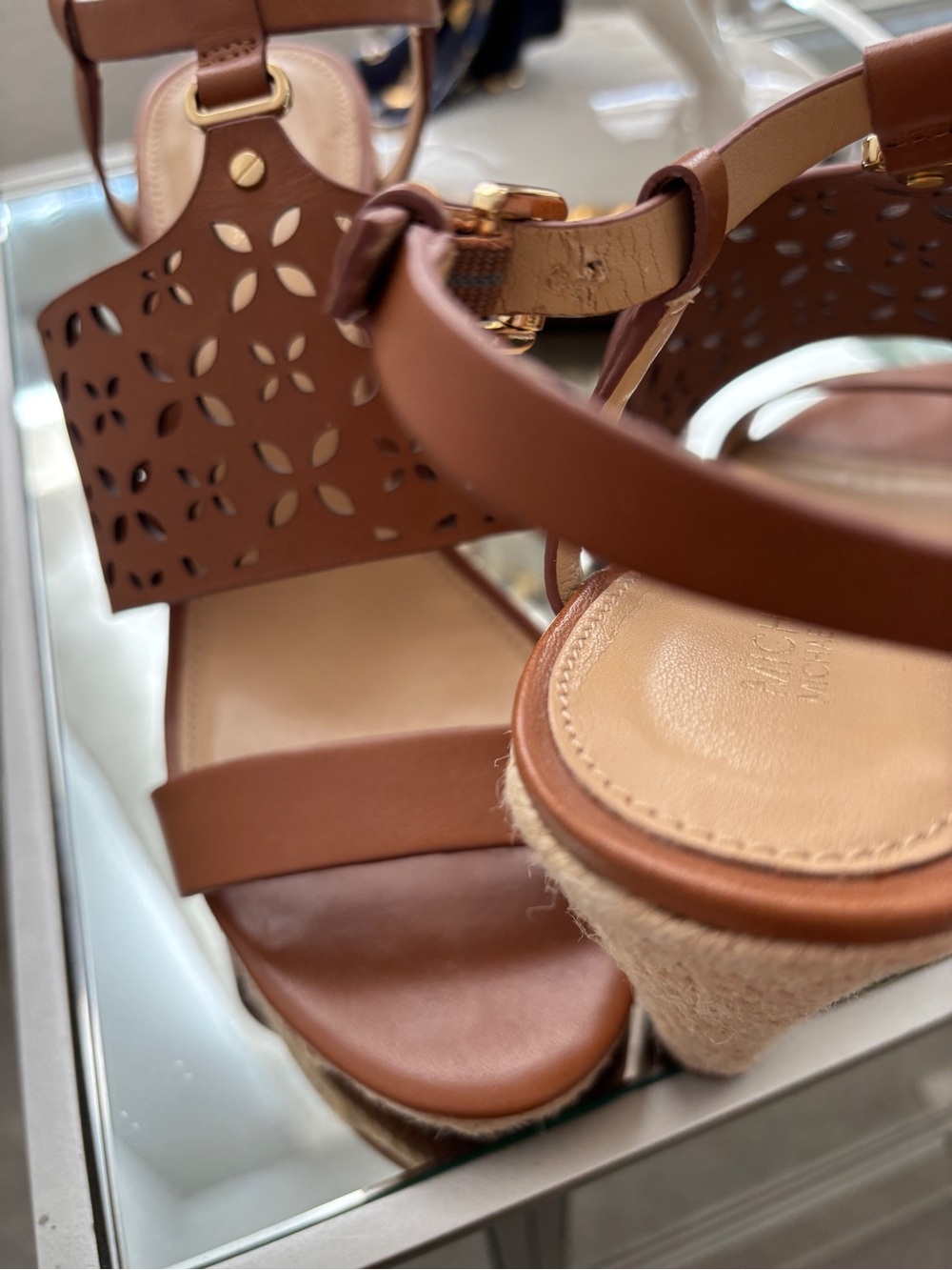 Michael Kors Tan Laser-Cut Leather Wedge Sandals - Picture 2 of 10